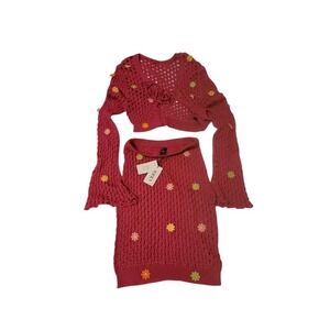 NWT Boho Cider Junior  2-Piece Fuschia  Pink Crochet Cardi/Mini Skirt W Daisys